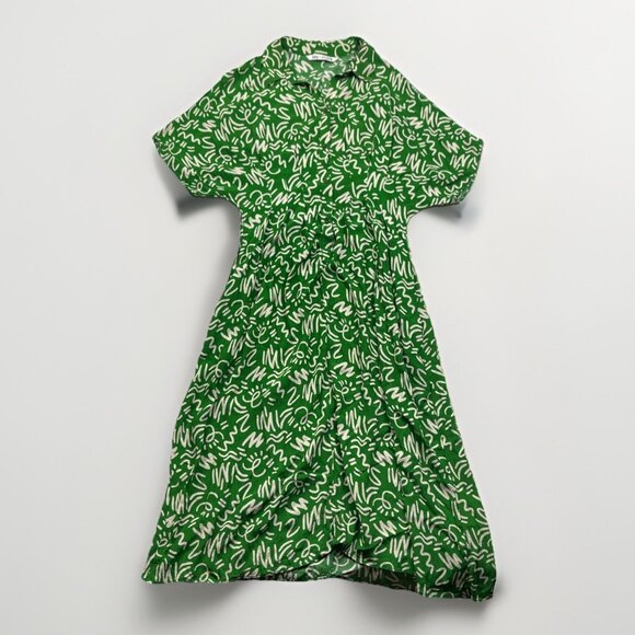 Zara Dress Womens Size L The Elora Green and White Printed Midi Button Up Boho - Picture 1 of 11